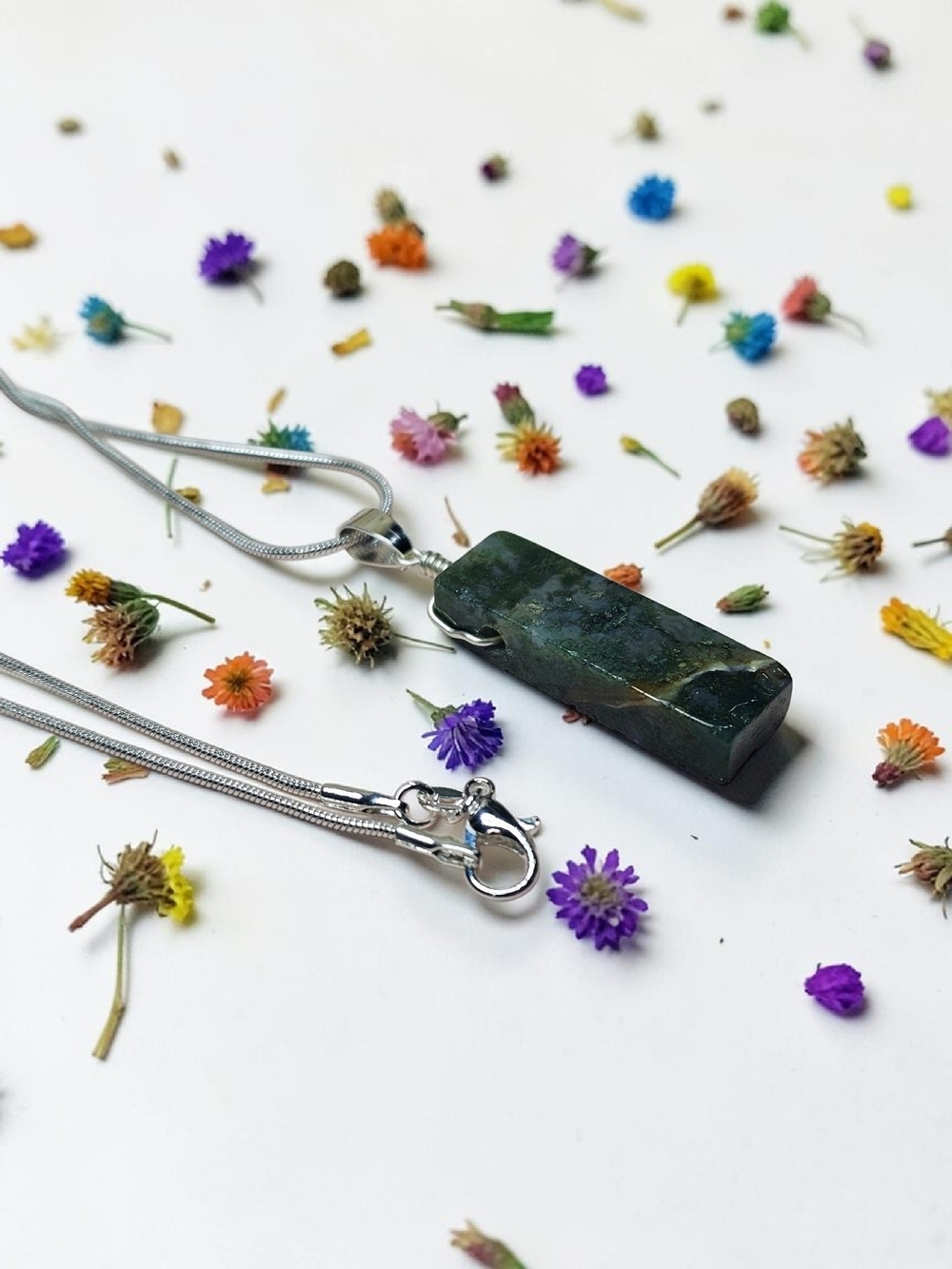 Green Stone Pendant Necklace with Silver Chain